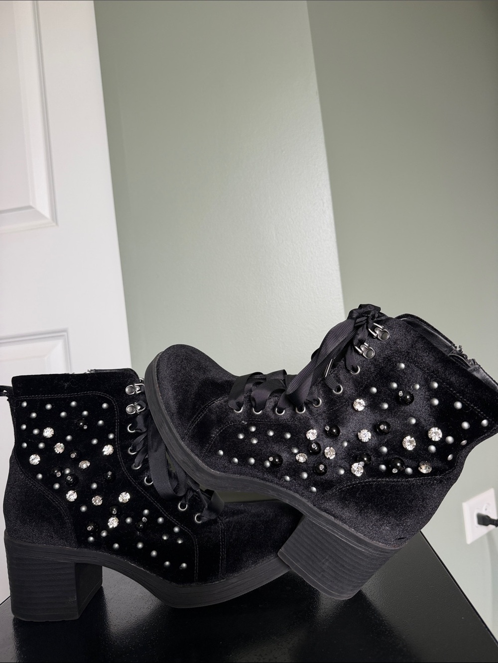 Madden Girl Black Velvet Crystal & Pearl Lace-Up Ankle Boots